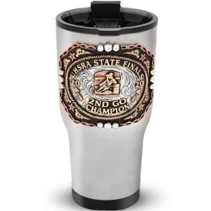 A custom tumbler made of stainless steel with a personalized engraved UHSRA logo, featuring a barrel racer figure, 30 oz, ideal for coffee or cool drinks